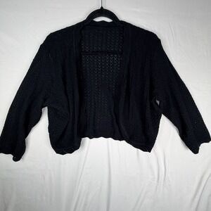 Jokelamb Black Pointelle Knit Cropped Open Front Cardigan Merino Wool Blend XL